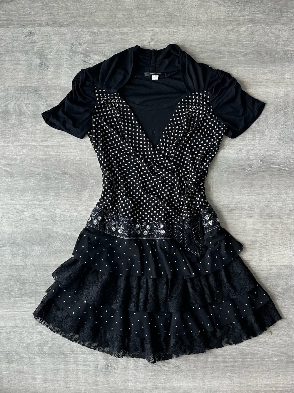 Vintage Ammoir Black Polka Dot Tiered mini Dress with Lace Trim and Sequins